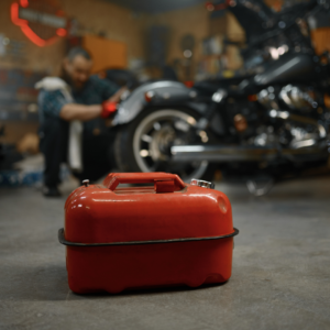 Fuel and fluid check with extra fuel canister and oil top-up for a long-distance motorcycle journey